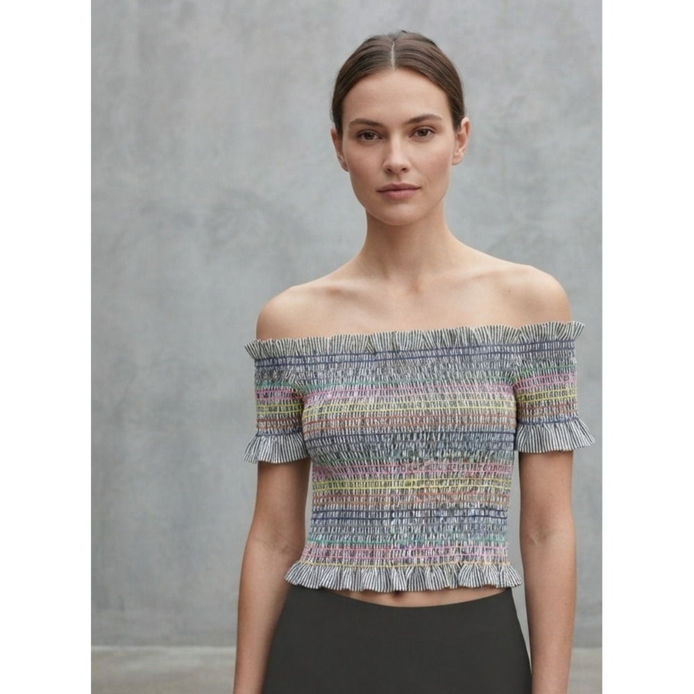 Storia Rainbow Smocked Off the Shoulder‎ Striped Ruffle Crop Top L